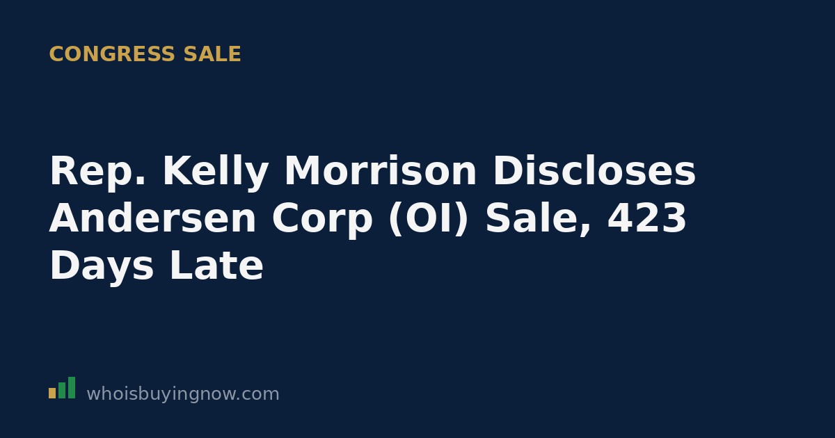Screenshot-style graphic representing a congressional stock disclosure filing for Rep. Kelly Morrison's Andersen Corporation sale