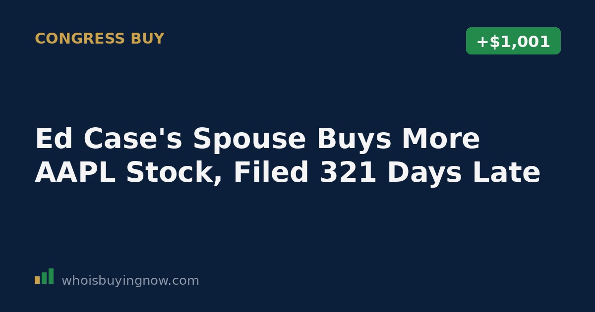 Screenshot-style graphic representing a STOCK Act disclosure filing for an Apple Inc. stock purchase by Rep. Ed Case's spouse