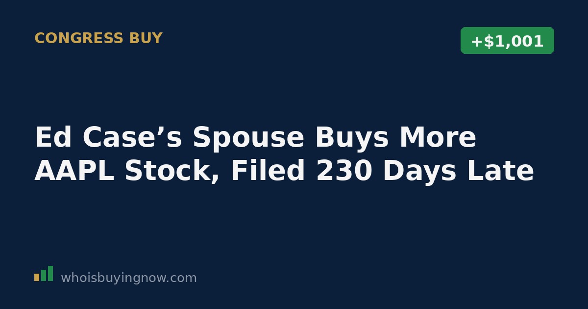 Screenshot-style graphic showing a STOCK Act disclosure for Ed Case's spouse buying Apple (AAPL) stock, filed 230 days late