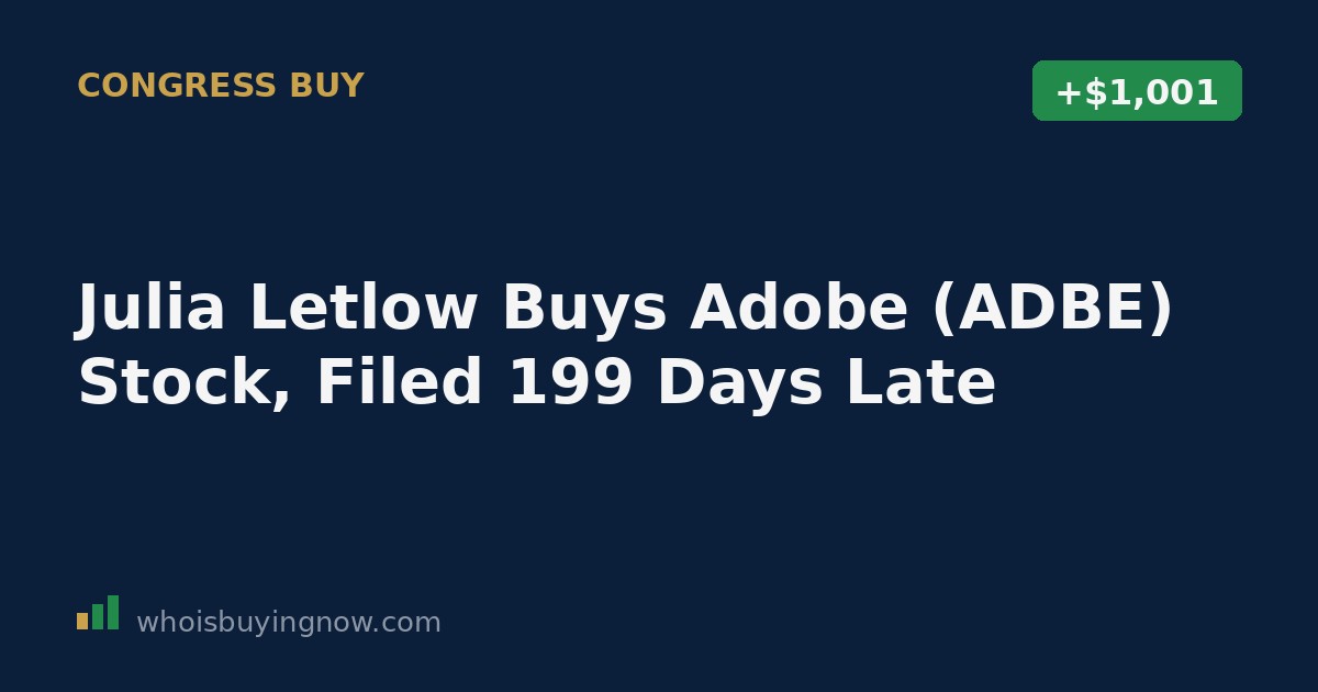 Screenshot-style graphic representing a congressional STOCK Act stock trade disclosure for Adobe (ADBE)