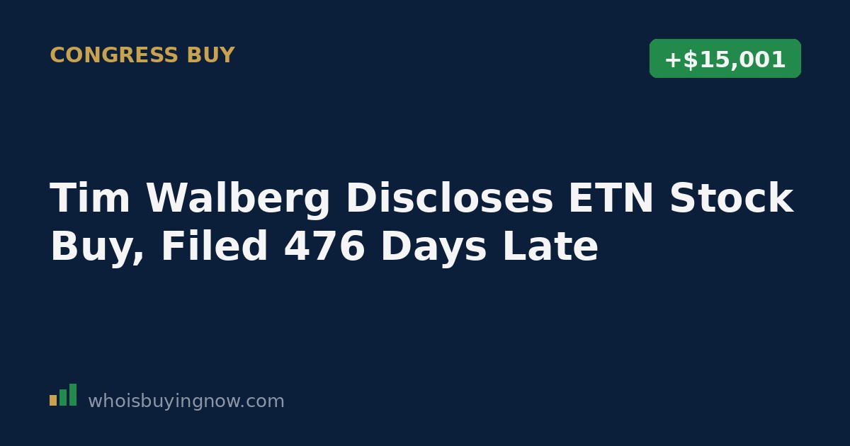 Screenshot-style graphic representing a STOCK Act disclosure filing for Rep. Tim Walberg's purchase of Eaton Corporation (ETN) shares