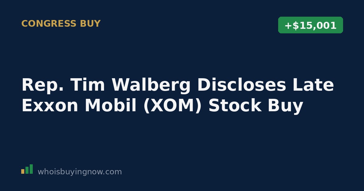Screenshot-style graphic representing a STOCK Act disclosure filing for Rep. Tim Walberg's Exxon Mobil stock purchase