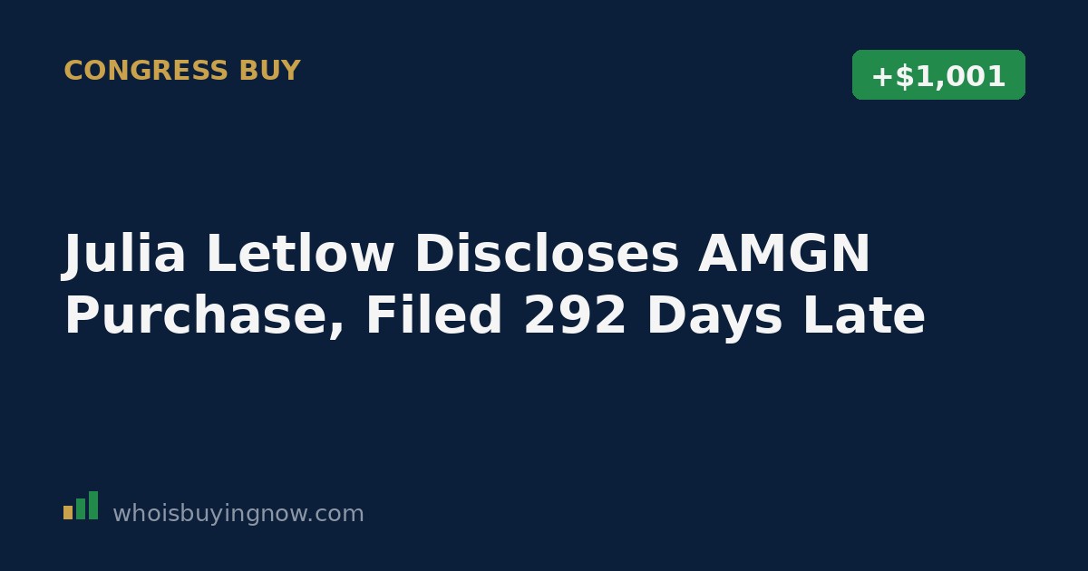 Screenshot-style graphic representing a congressional stock trade disclosure for Amgen (AMGN)