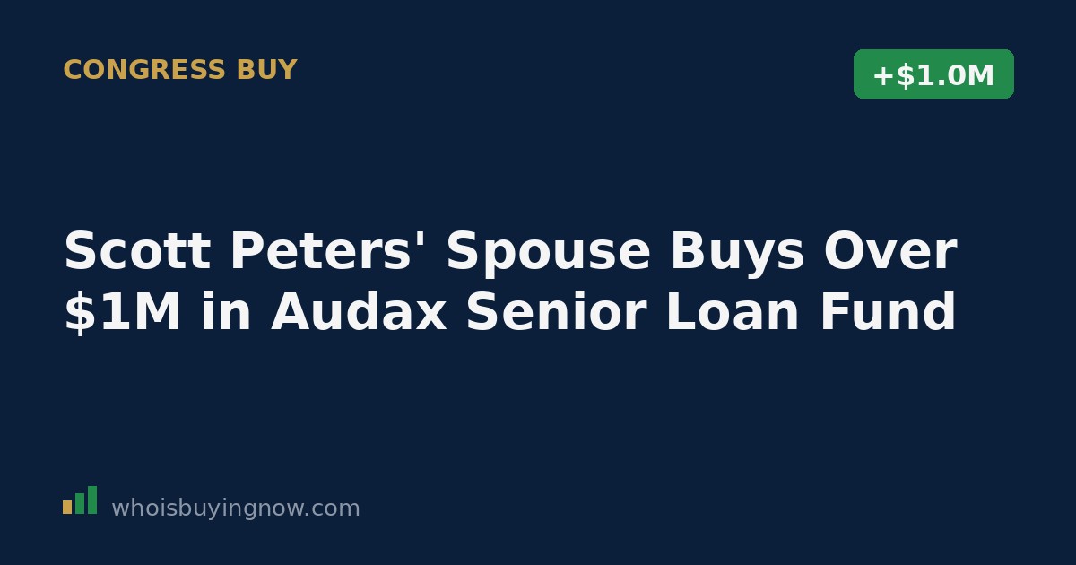 Screenshot-style graphic representing a STOCK Act disclosure filing for Rep. Scott Peters showing a spousal purchase of Audax Senior Loan Fund shares