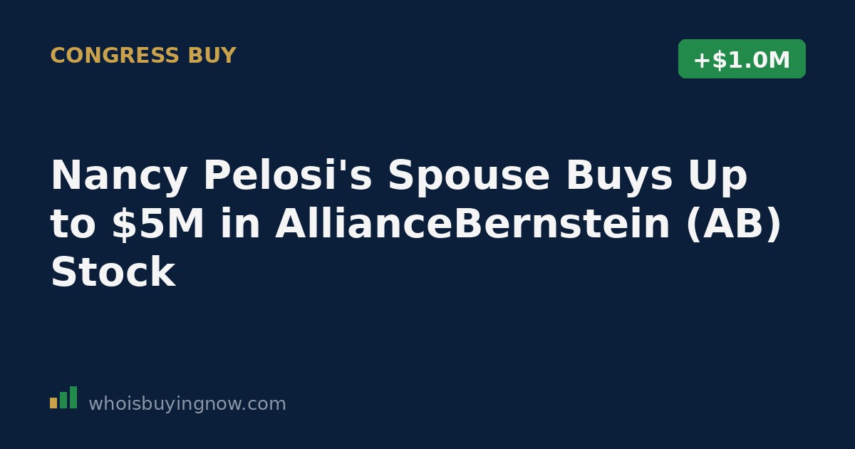 Screenshot-style graphic showing a STOCK Act disclosure for Nancy Pelosi's spouse buying AllianceBernstein (AB) stock