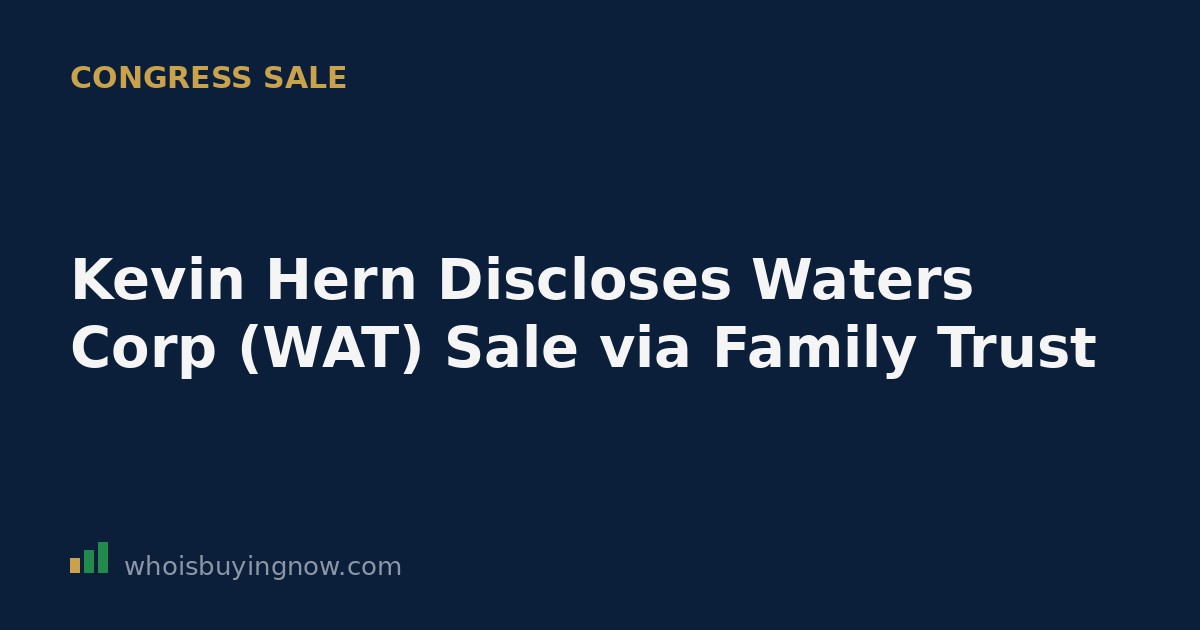 Illustration of stock trading disclosure documents with Waters Corporation ticker WAT and a U.S. Capitol building icon