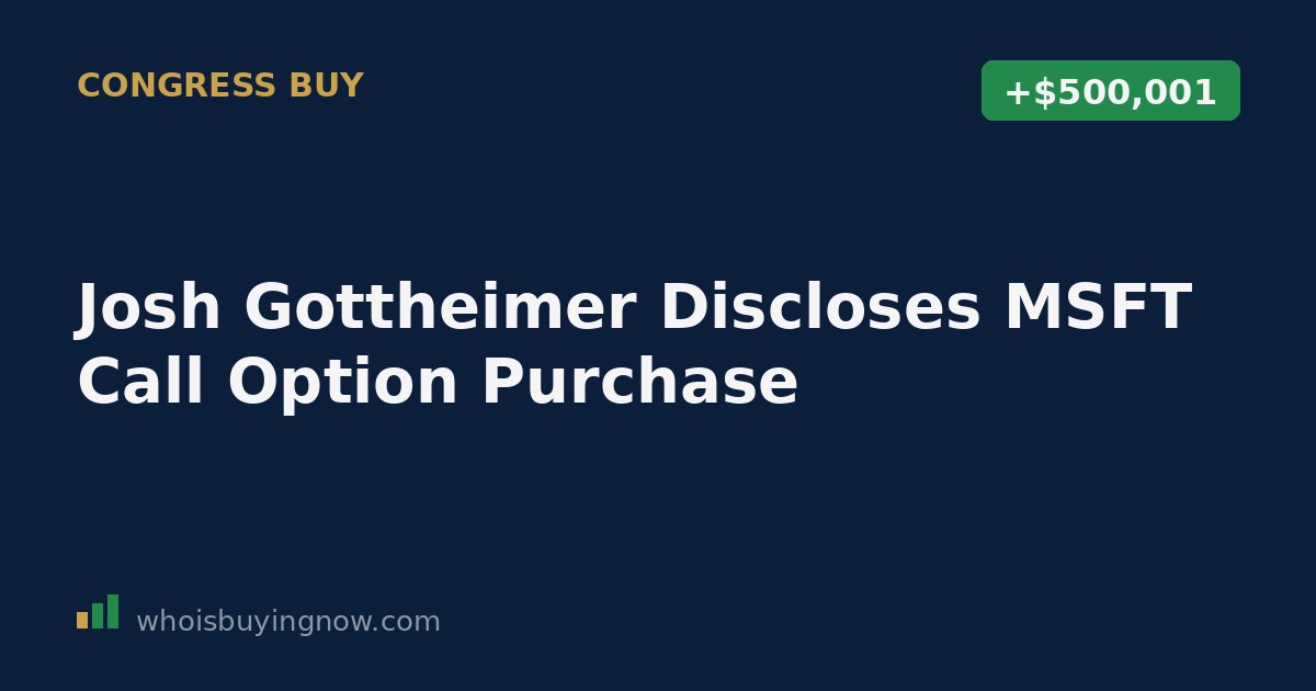 Screenshot-style graphic showing a STOCK Act disclosure for Josh Gottheimer's MSFT call option purchase