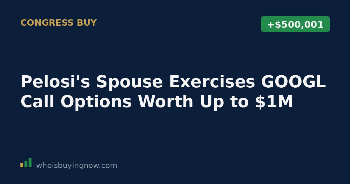 Screenshot-style graphic showing a STOCK Act disclosure for a GOOGL call option exercise by Nancy Pelosi's spouse
